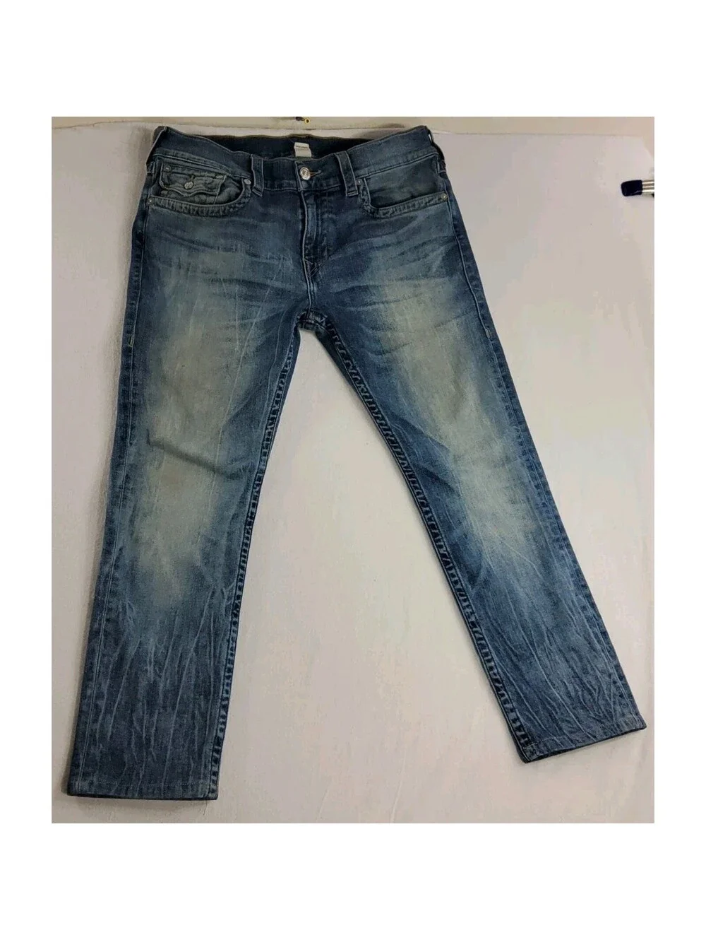 True Religion Rocco Relaxed Skinny Jean Men's 34x28 Back Flap Stonewash